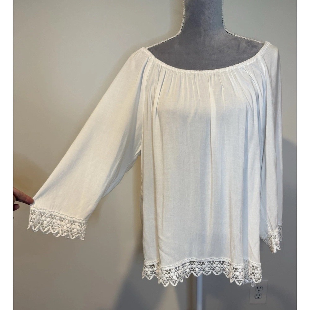 Spense Boho Festival Off-the-Shoulder White Blouse Top Crochet Trim Sz LG